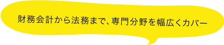 財務会計から法務まで、専門分野を幅広くカバー